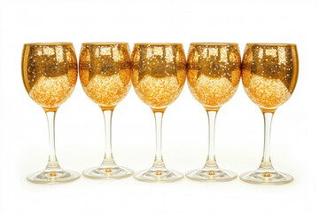 Five golden wine glasses are standing in a row on a white background, creating a luxurious and celebratory atmosphere