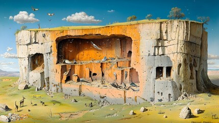 Poster - Detailed cross section view of a layered cliffside landscape revealing the geological formations exposed fossils rocky ledges and wind swept vegetation