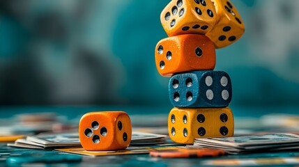 Aufkleber - Detailed cross section view of a strategic tabletop game setup featuring dice playing cards and game pieces arranged on multiple levels creating an abstract and creative concept