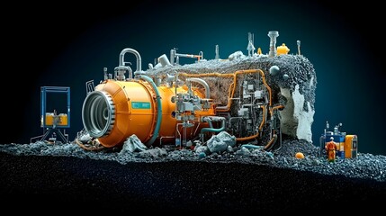 Poster - Detailed cross section view of an underground mine showcasing the intricate layers of minerals tunnels and the various drilling equipment and machinery used for resource extraction and