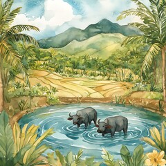 Wall Mural - Two Water Buffalo Bathing in a Tropical Pond.