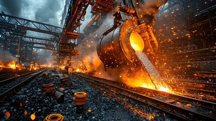 Leinwandbilder - Detailed cross sectional view of a bustling steel manufacturing facility showcasing the layered processes involved in pouring molten metal into molds and the subsequent cooling mechanisms