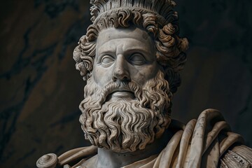 Weathered marble bust of the roman god Jupiter wearing a laurel wreath crown, showcasing the intricate details of ancient roman sculpture