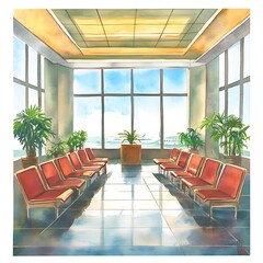 Wall Mural - Watercolor Painting of an Airport Waiting Area with Rows of Red Seats.