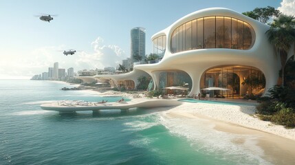 Poster - A modern beachfront property with organic design overlooks clear waters, while helicopters fly above the tropical landscape and urban development looms in the background.