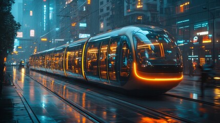 Aufkleber - A sleek, modern tram travels smoothly on wet tracks beneath vibrant neon lights, surrounded by tall buildings in a lively city during rain.