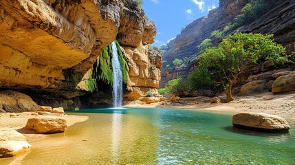 Poster - Dramatic cut through view of a cascading waterfall showcasing the intricate rock formations rushing water channels and lush vegetation along the rugged cliff face