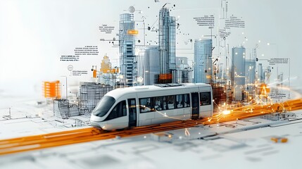 Aufkleber - Dynamic cross section blueprint showcasing the integrated transportation routes buildings and IoT sensor network of a visionary smart city design  The futuristic cityscape highlights the efficiency