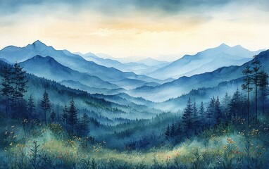 Breathtaking mountain landscape with lush trees and rolling hills under a misty sky.