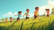 © Charoen - children playing illustrations, energetic kids running through a green field, full of laughter and excitement