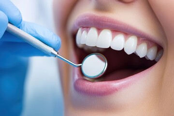 Close-up of a dental examination, showcasing a healthy smile with a dentist's mirror in use, white background.