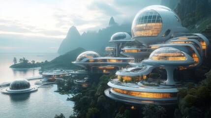 Aufkleber - Innovative architectural designs feature rounded buildings set against a serene coastline, illuminated in the soft glow of twilight with mountains in the background.