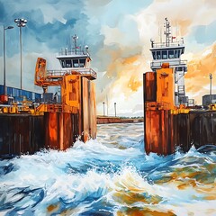 Canvas Print - Waterfront Control Towers in a Watercolor Style.