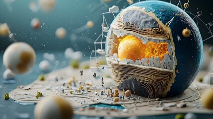 Poster - Stylized 3D cross section of a planet Earth model showcasing the core layers tectonic plates and ocean levels in a visually compelling and informative graphic design