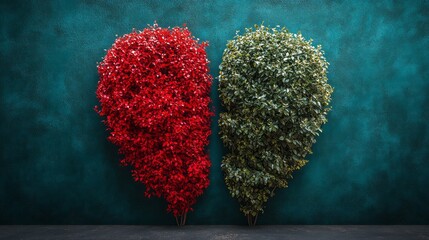 Poster - Two small bushes are planted in the middle of a wall, one is red