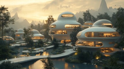 Poster - A unique community features futuristic, organic-shaped buildings harmoniously integrated into a serene landscape, surrounded by mountains. The setting sun creates a warm, inviting atmosphere.