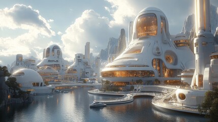Aufkleber - A tranquil river flows through an advanced city filled with innovative buildings, harmonizing nature and futuristic design under a bright sky.