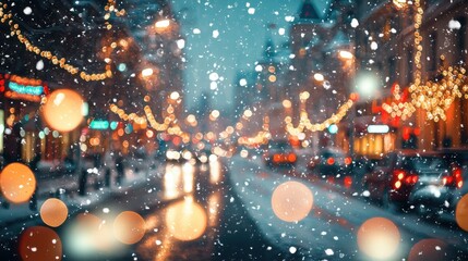 Magical winter snow fall and city lights. blurred background city street with Christmas illuminations, blurred holiday background. Christmas lights and Christmas decorations on the street. For banner