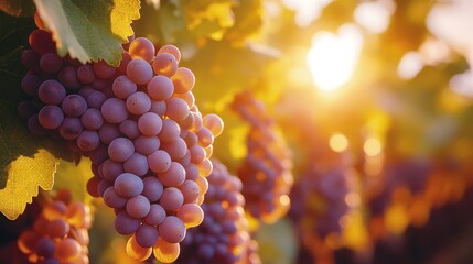 Wall Mural - close-up of ripe red grapes on a vine with the sun setting in the background.