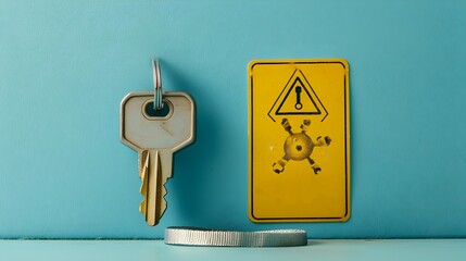 Poster - A close up shot of an X ray access key with a coiled safety strap positioned next to a radiation warning signage