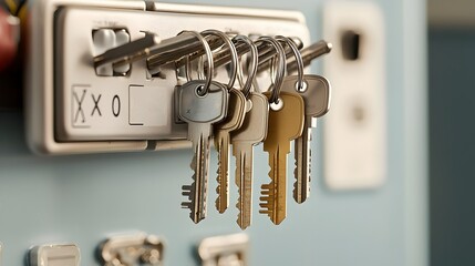 Poster - A close up view of a rack with various x ray room access keys hanging and labeled with room numbers in a medical facility or hospital setting
