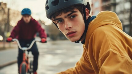 portrait of a young man looking at the camera wearing a bicycle helmet and riding the bike in a park