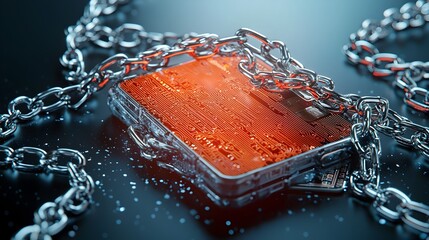 Poster - A digital depicting a holographic call notification transforming into a series of chains that trap and restrain a floating wallet representing the digital security and financial transactions
