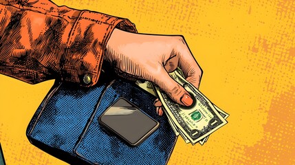 Aufkleber - A hand emerging from a call icon symbol reaches into a purse or wallet then pulls out cash currency representing a financial transaction or payment