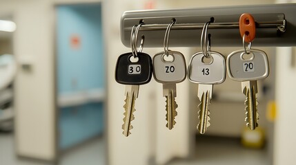 A rack holding a set of numbered keys labeled with room numbers serving as a display and organizational system for managing access to an x ray or radiology department within a hospital