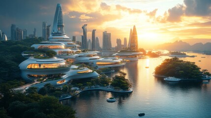 Poster - A breathtaking view of a futuristic city featuring sleek, modern buildings and tranquil water at sunset, illuminated by golden sunlight reflecting off the surfaces.
