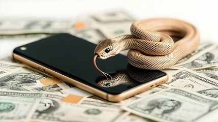 Poster - A smartphone with a snake slithering out of the speaker wrapping around dollar bills representing the intersection of technology finance and the natural world