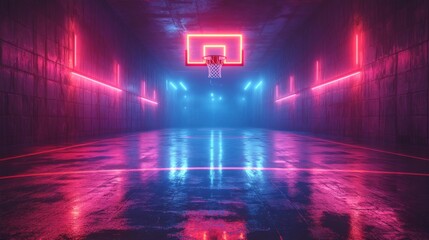 Poster - A vibrant basketball court is illuminated by neon lights in various colors, creating a striking atmosphere. The reflective floor enhances the lively scene, set during the night.