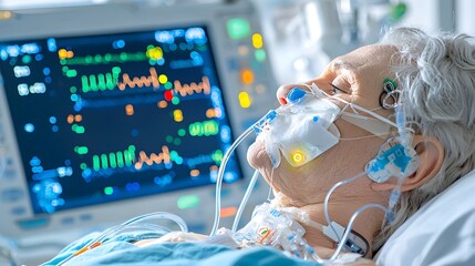 Poster - Close up detailed view of flashing alarm lights and vital signs displayed on a medical patient monitor screen in a hospital or healthcare setting