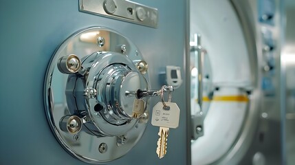Poster - Close up view of a high security lock system with a labeled key attached on the entrance to a radiology room