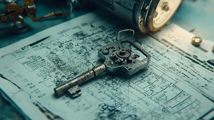 Aufkleber - Closeup shot of a meticulously crafted mechanical X ray key resting atop a technical manual showcasing the precision and intricate engineering involved in diagnostic equipment and tools