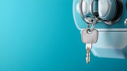 Poster - Closeup of an X Ray machine power switch with a dangling metal key on a keychain representing healthcare technology industrial equipment and access control in a hospital clinic or laboratory setting