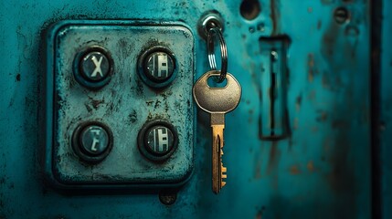 Poster - Closeup view of a power switch with a dangling key on a keychain mounted on the surface of an X ray machine