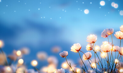 Poster - Serene field of glowing flowers with soft light and dreamy atmosphere