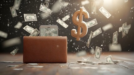 Poster - Conceptual image depicting a scammer stealing digital money or funds from a mobile phone and transferring it into a briefcase in the background representing financial fraud theft and cybercrime