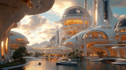 Aufkleber - A stunning futuristic city showcases smooth, curvilinear architecture bathed in golden hour light, with boats peacefully gliding on the water