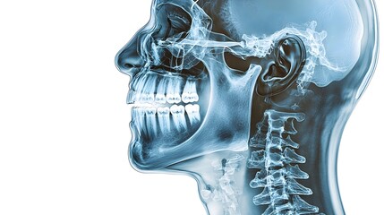 Poster - Detailed side profile view of a human head with an overlaid digital x ray visualization showing the internal skeletal structure of the teeth and jawbone