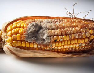 Corn affected by Ear Rot, displaying mold development caused by insect damage and subsequent decay. on white background