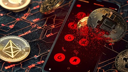 Poster - Digital Artwork Depicting Gold Coins Dissolving into Red Scam Call Notifications Displayed on a Smartphone Screen Representing the Risks and Threats in the Financial Technology Landscape