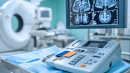 Leinwandbilder - Digital access key and ID card securely stored on a clean minimalist tray near a radiology station representing technology security and efficient organization in a modern healthcare workspace
