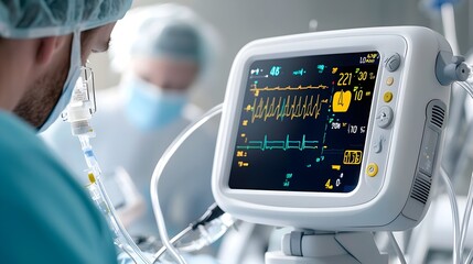 Aufkleber - Digital medical monitor screen displaying vital patient data including heart rate oxygen levels and blood pressure in standby mode ready for use in a hospital or clinic setting