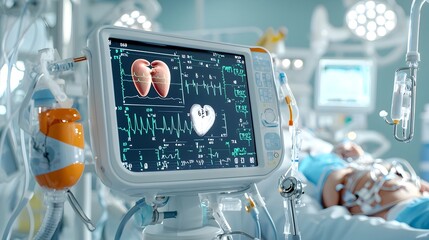 Aufkleber - Digital medical monitoring displays showing real time vital signs heart rate and other patient data alongside medical equipment and instruments for healthcare diagnosis and treatment