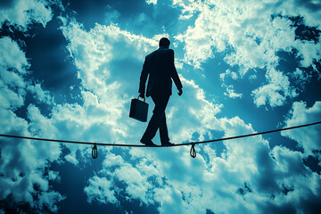 Businessman walking on a tightrope with only the sky as a backdrop
Shows the various risk factors in doing business