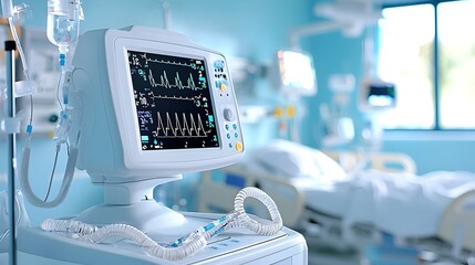 Aufkleber - EKG Machine Set Up Near a Hospital Bed Continuously Monitoring and Displaying the Patient s Heart Activity and Vital Signs for Medical Professionals to Assess and Treat the Patient s Condition