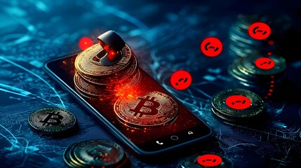 Aufkleber - Dissolving gold coins transforming into red scam call notifications on a smartphone screen symbolizing the risks and dangers of financial fraud in the digital age