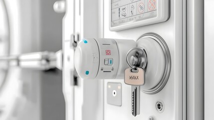 Poster - Emergency shutoff switch designed for X ray medical equipment with a labeled key inserted to enable safe and secure power control